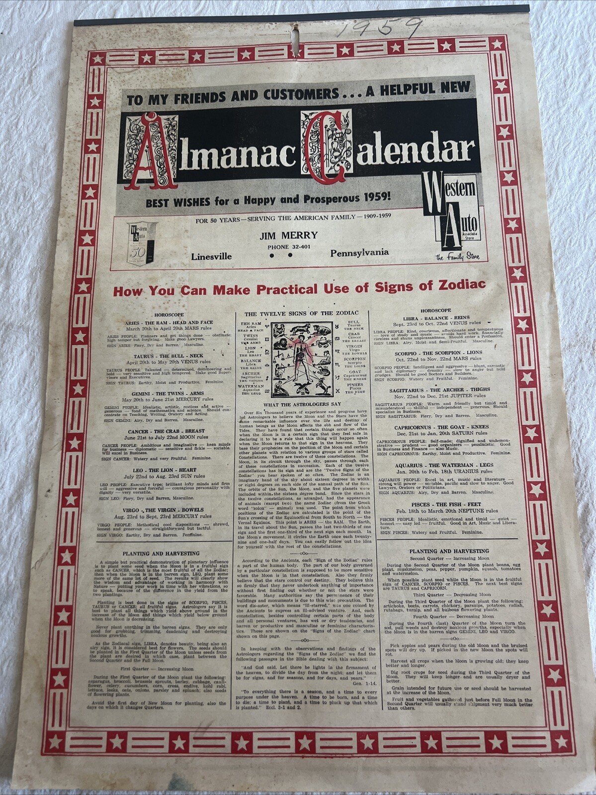 Linesville, PA.  VINTAGE 1958  Almanac Calendar  Complete And Intact Western Au