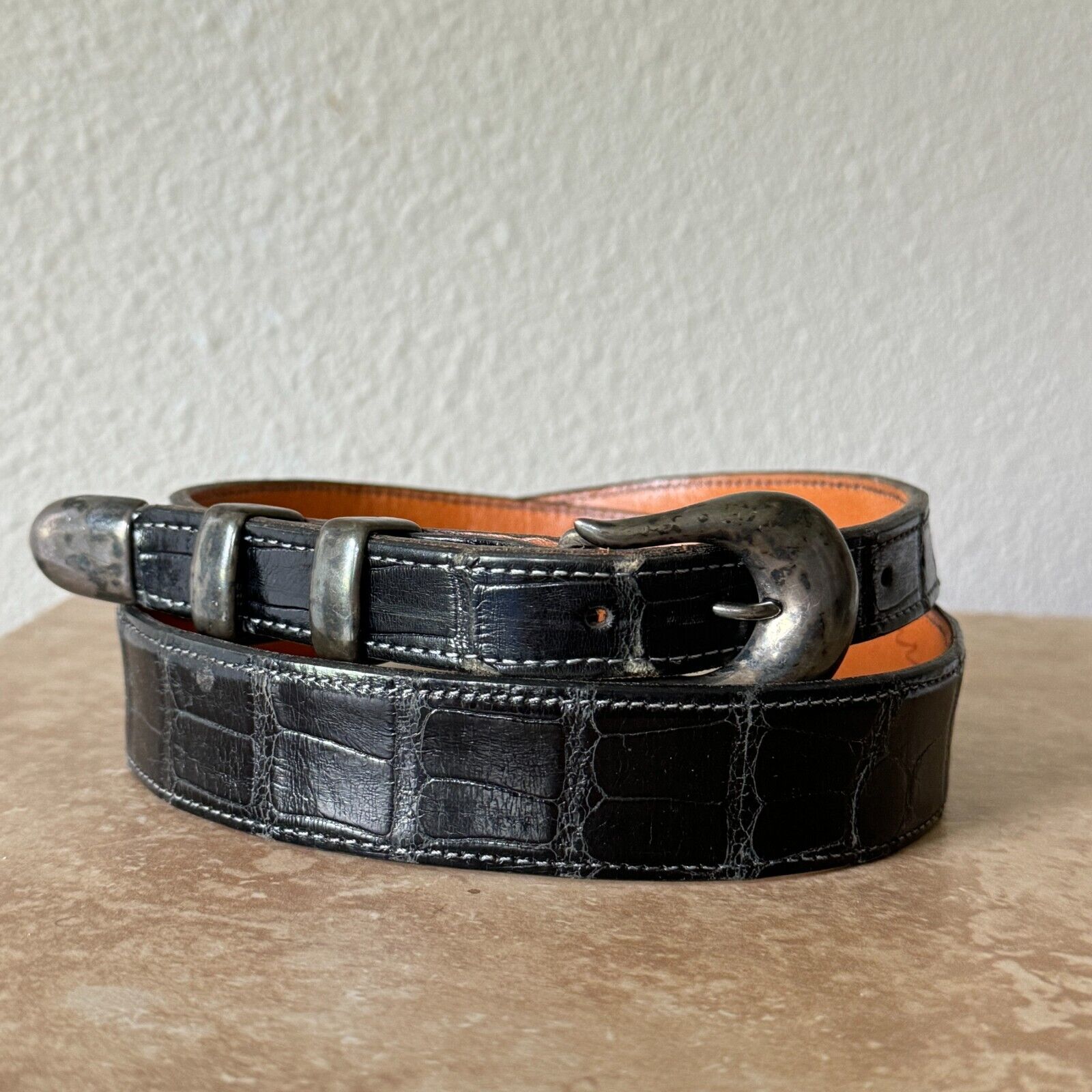 Vintage Chacon Belt Womens 34 Western Silver Buckle Hand Made Croc Leather Black
