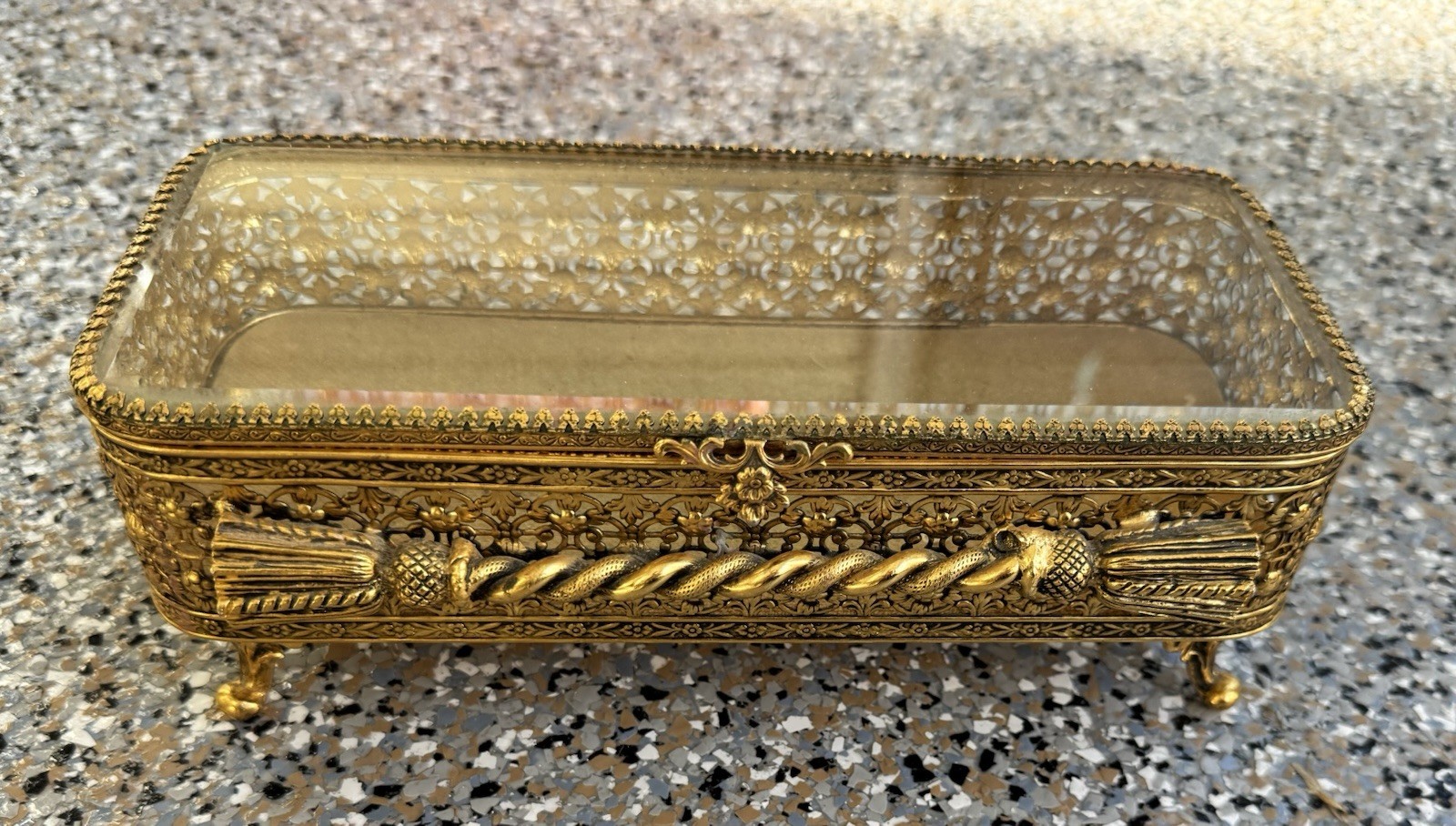 Vtg Ormolu Stylebuilt Gold Gilt Jewelry Casket Beveled Box By Hollywood Regency