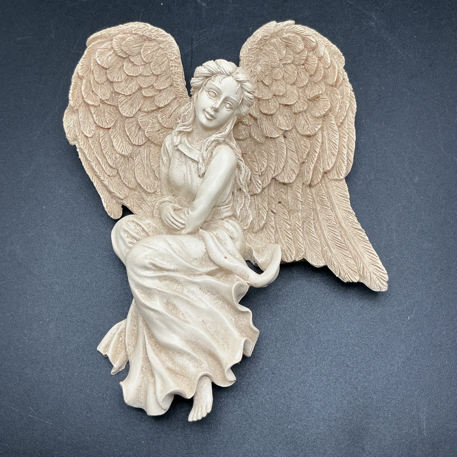 Seated Guardian Angel Wall Hanging Sculptured Beige Resin Figurine 6.5”