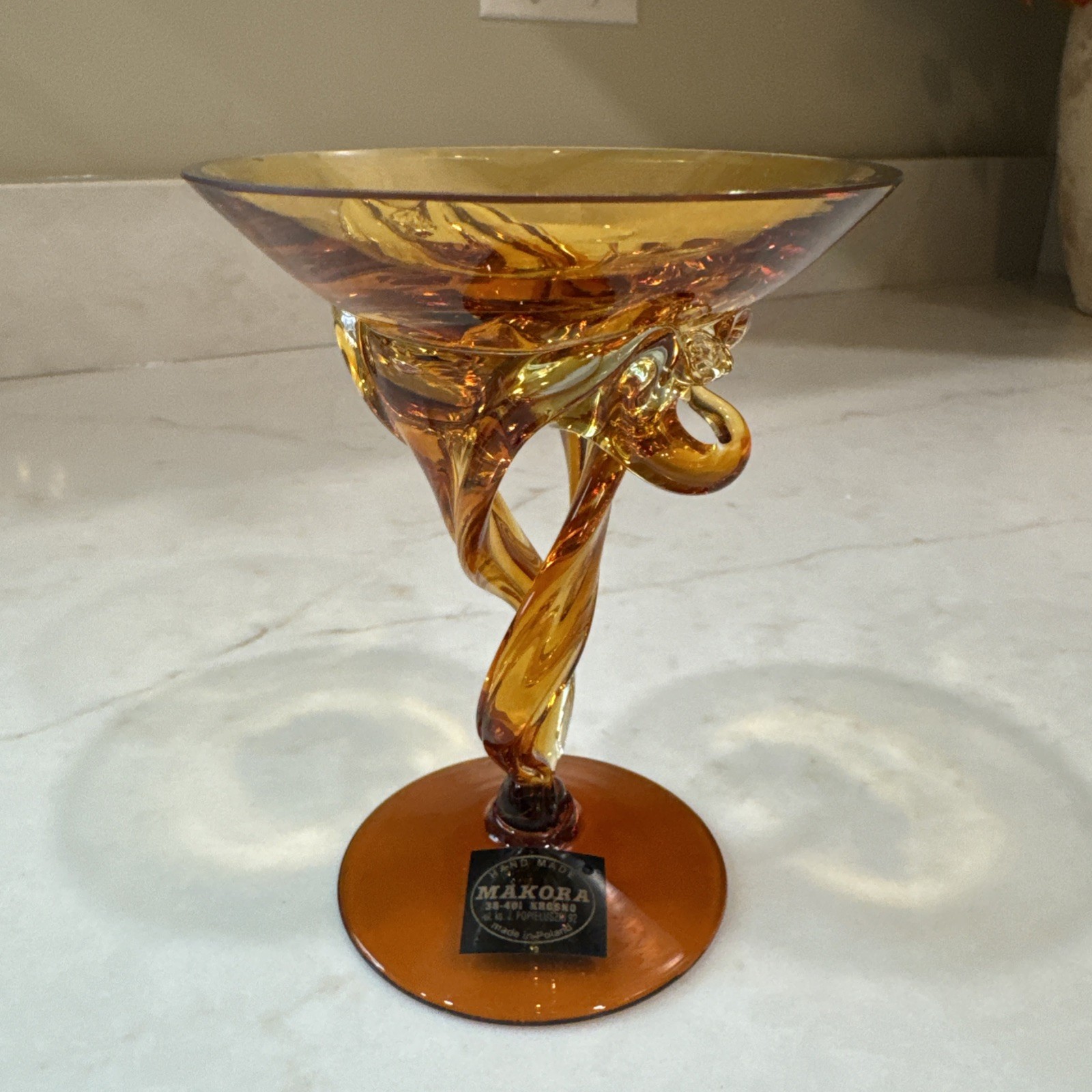 Makora Krosno Poland Amber Blown Art Glass Sculpture Jellyfish Pedestal Bowl MCM