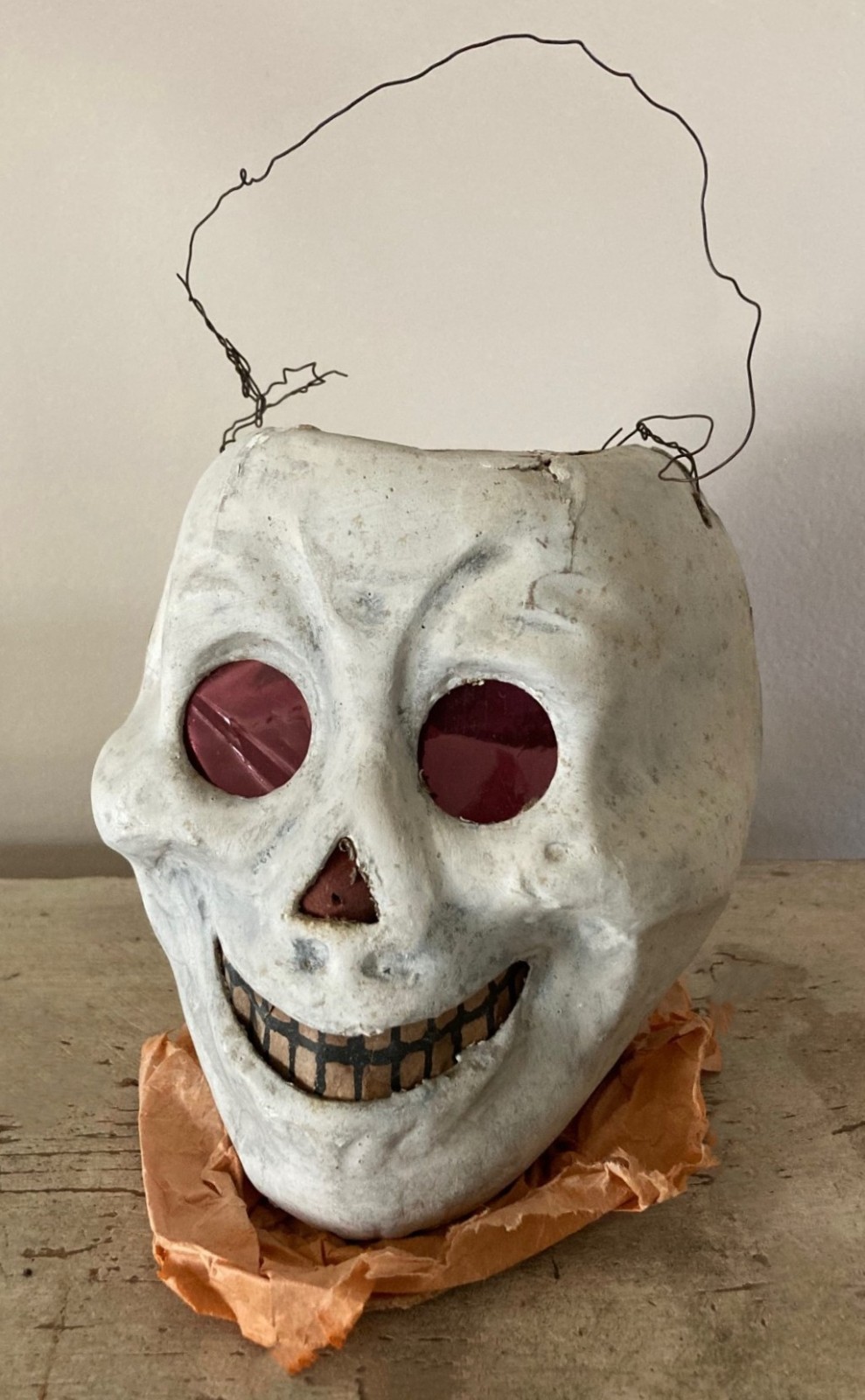 RARE Halloween German SKULL LANTERN - Paper Mache with Crepe Paper Collar