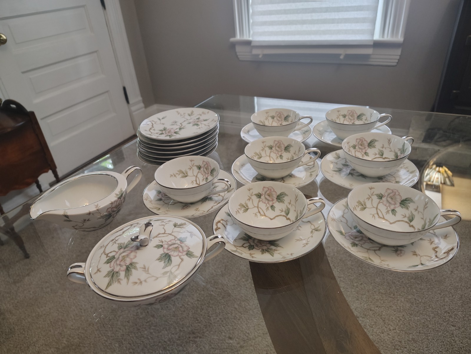 Noritake Chatham Tea Set 7 Cups, Saucers, & Dessert Plates Plus Creamer & Sugar