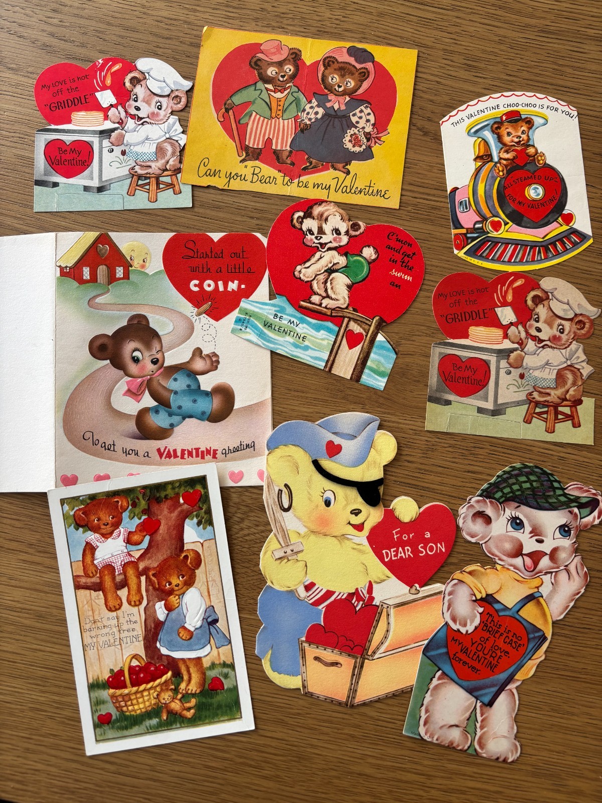 Lot 9 vintage Valentines with teddy bears pirate/cook/train /swimmer /paper boy