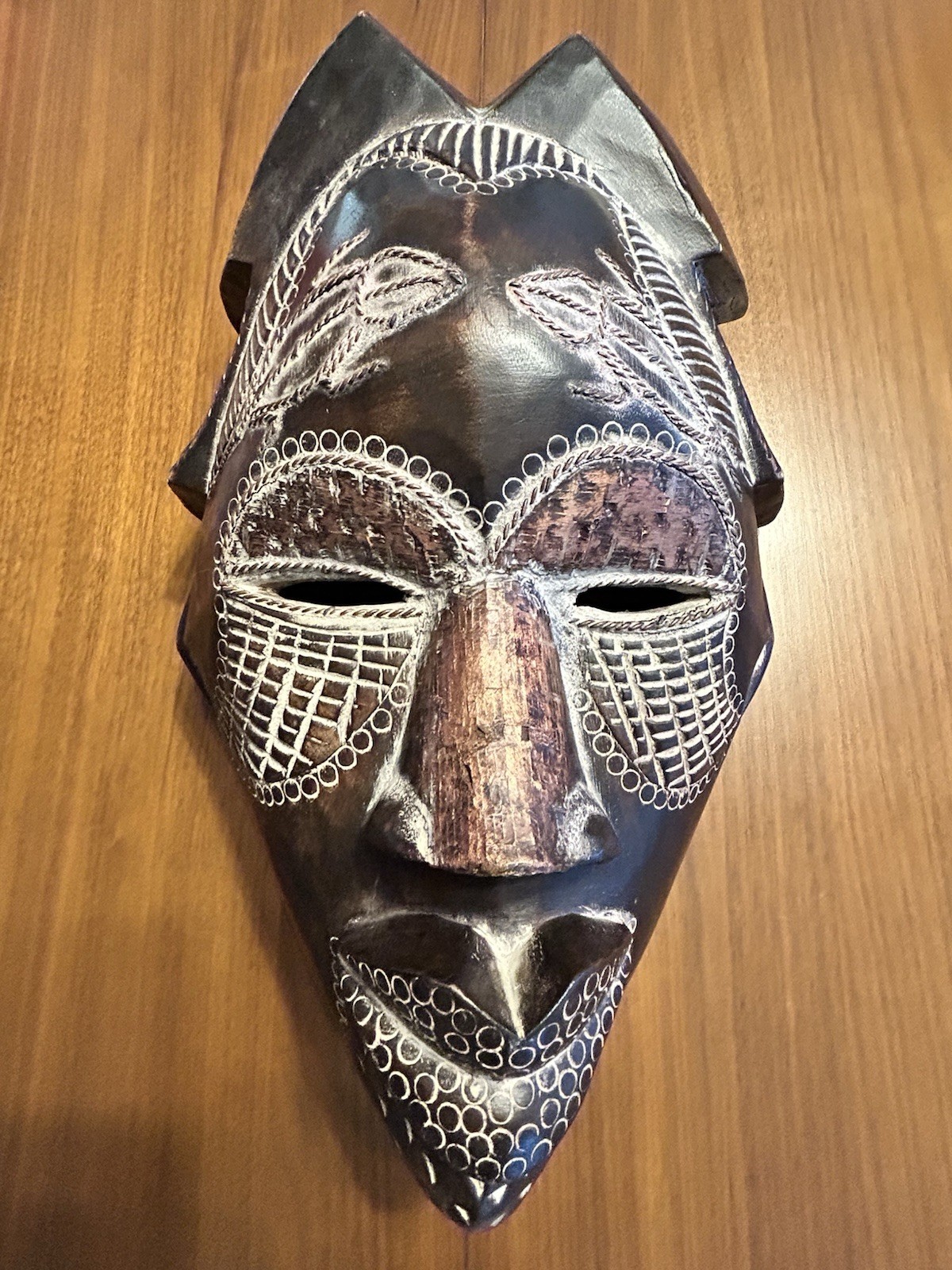 16.5” Hand Carved Wood African Mask, Metallic Accents, Unknown Vintage or Origin