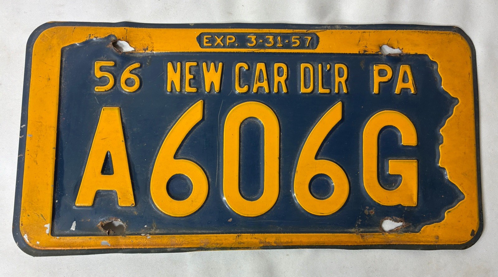 Vtg Pennsylvania Dealer License Plate - 1956, New Car Dealer, PA DL’R #A606G