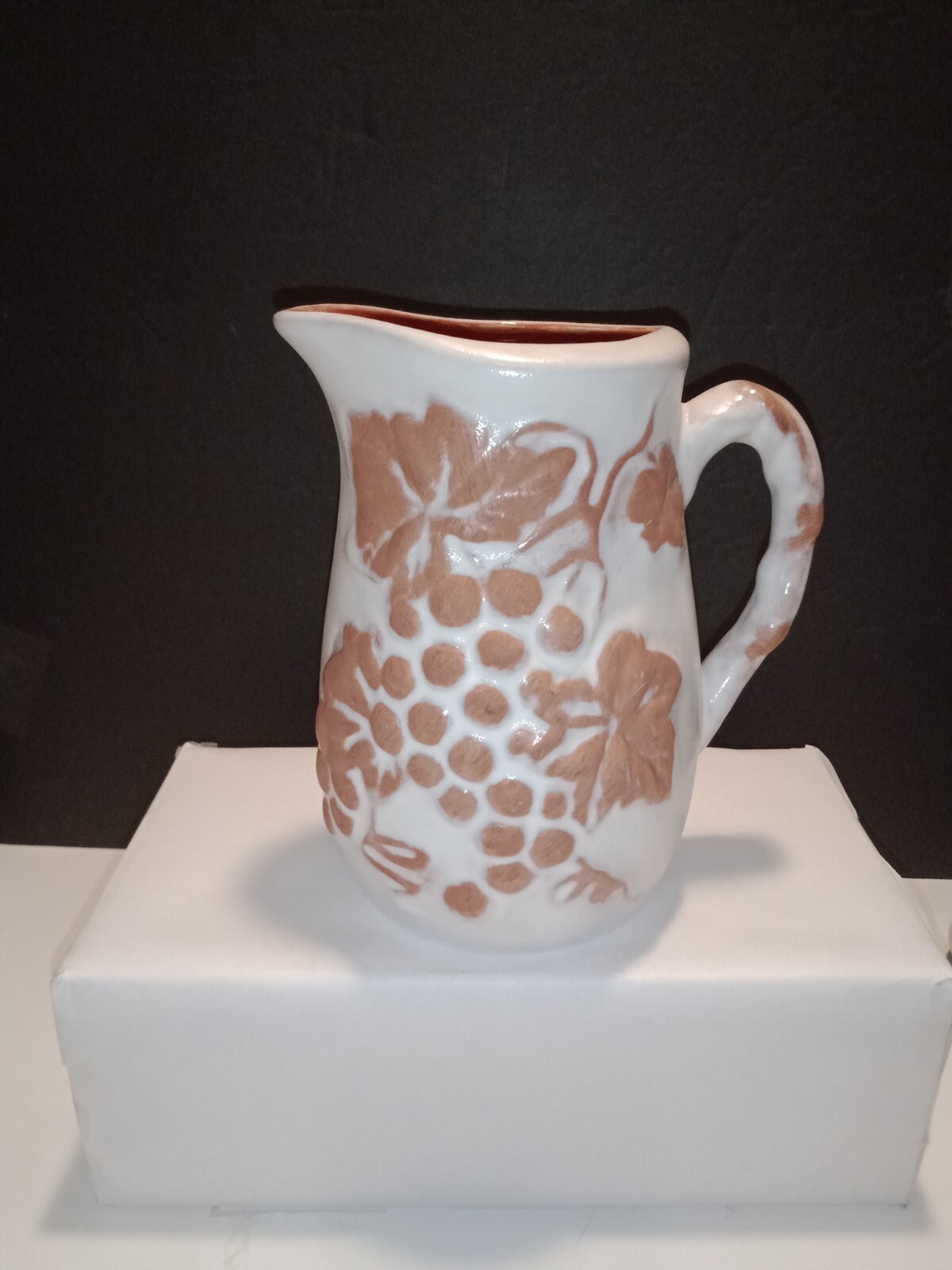 Terra Cotta Pitcher/Vase/White Glaze/Leaves & Grapes Handle 6.25 X...