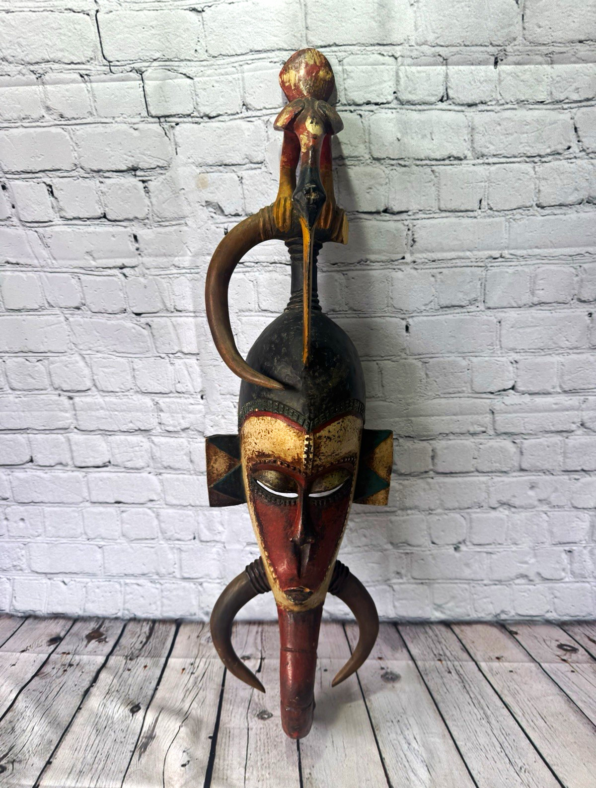 Hand Carved African Wooden Mask Painted Wall Mask w/ Antelope Horns