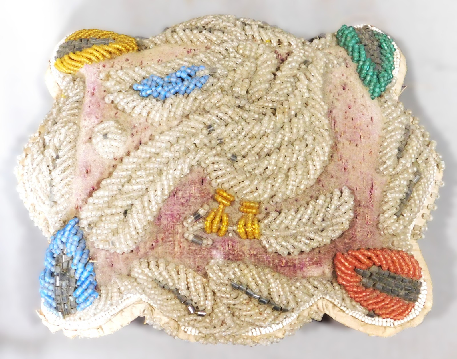 Antique Iroquois Raised Beadwork Pin Cushion Bird Dove Motif c1880 9