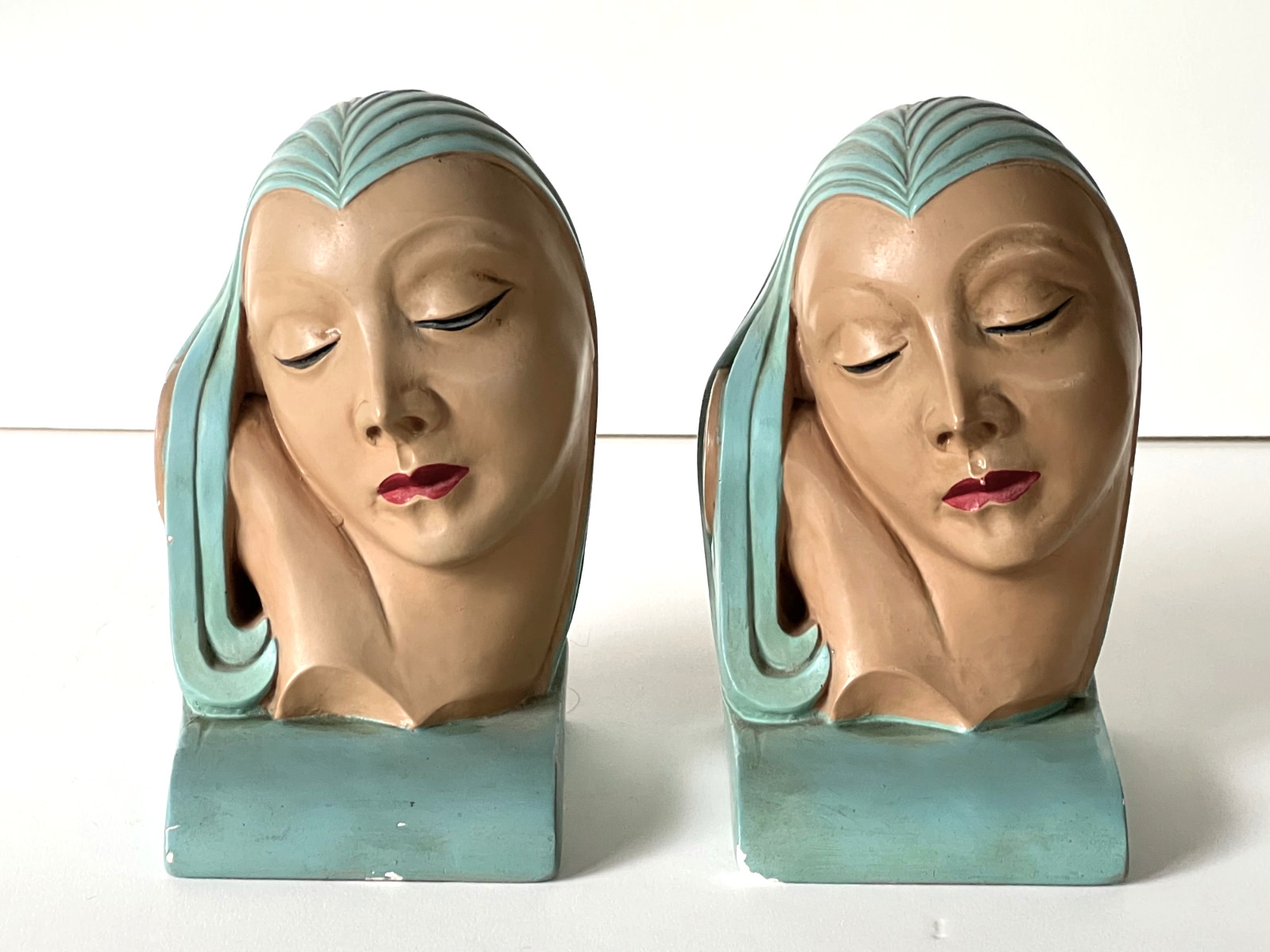 Pair Art Deco Chalk Ware Exotic Blue Lady Bookends