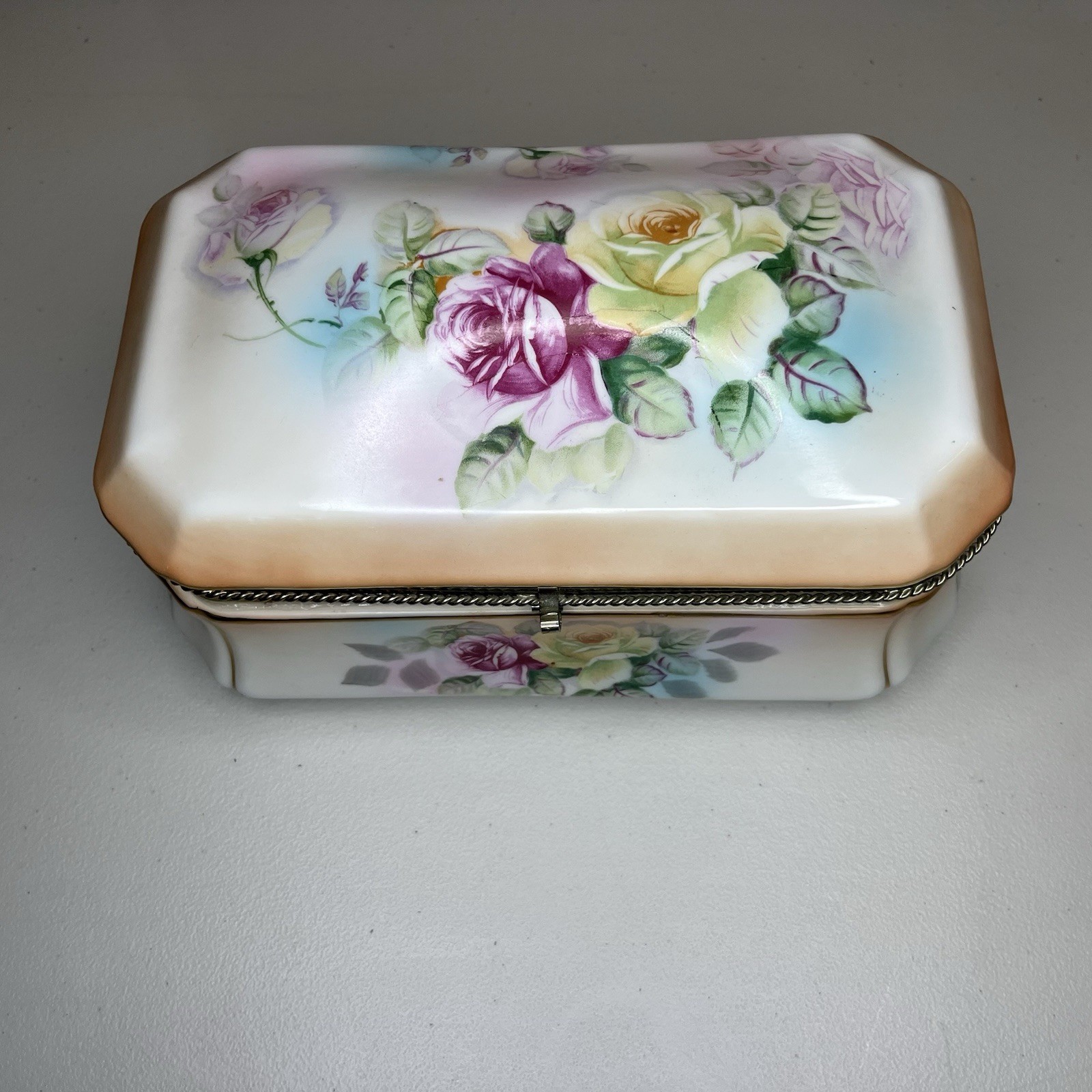 Vintage RS Prussia Japan Porcelain Jewelry Box Painted Roses