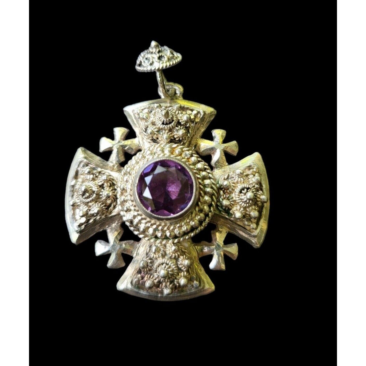 Vintage Jerusalem Cross Pendant 1000 Silver Lab Created Purple Stone