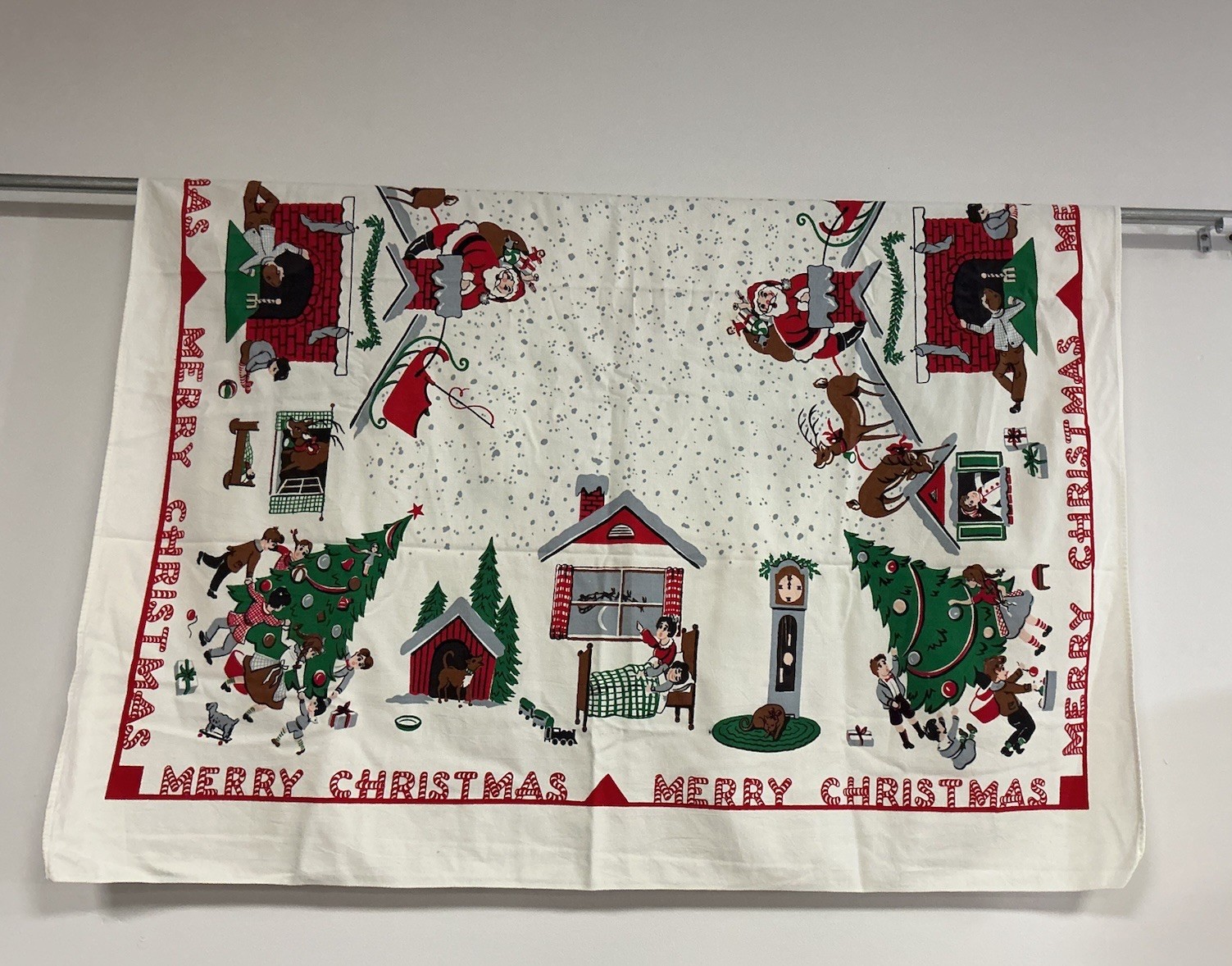 Mid Century Merry Christmas Vintage Tablecloth Santa Ornaments Tree Atomic
