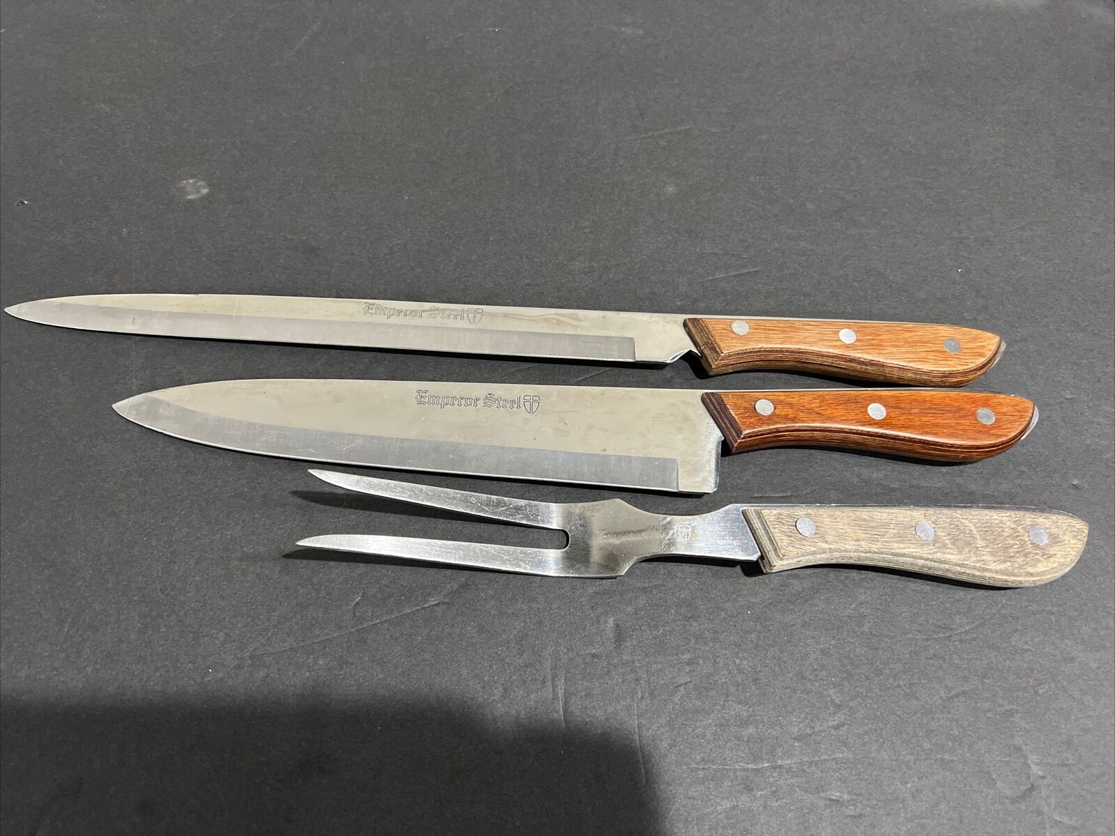 Vintage EMPEROR STEEL Set Chef Carving Knife Fork Made Japan Houshold set of 3