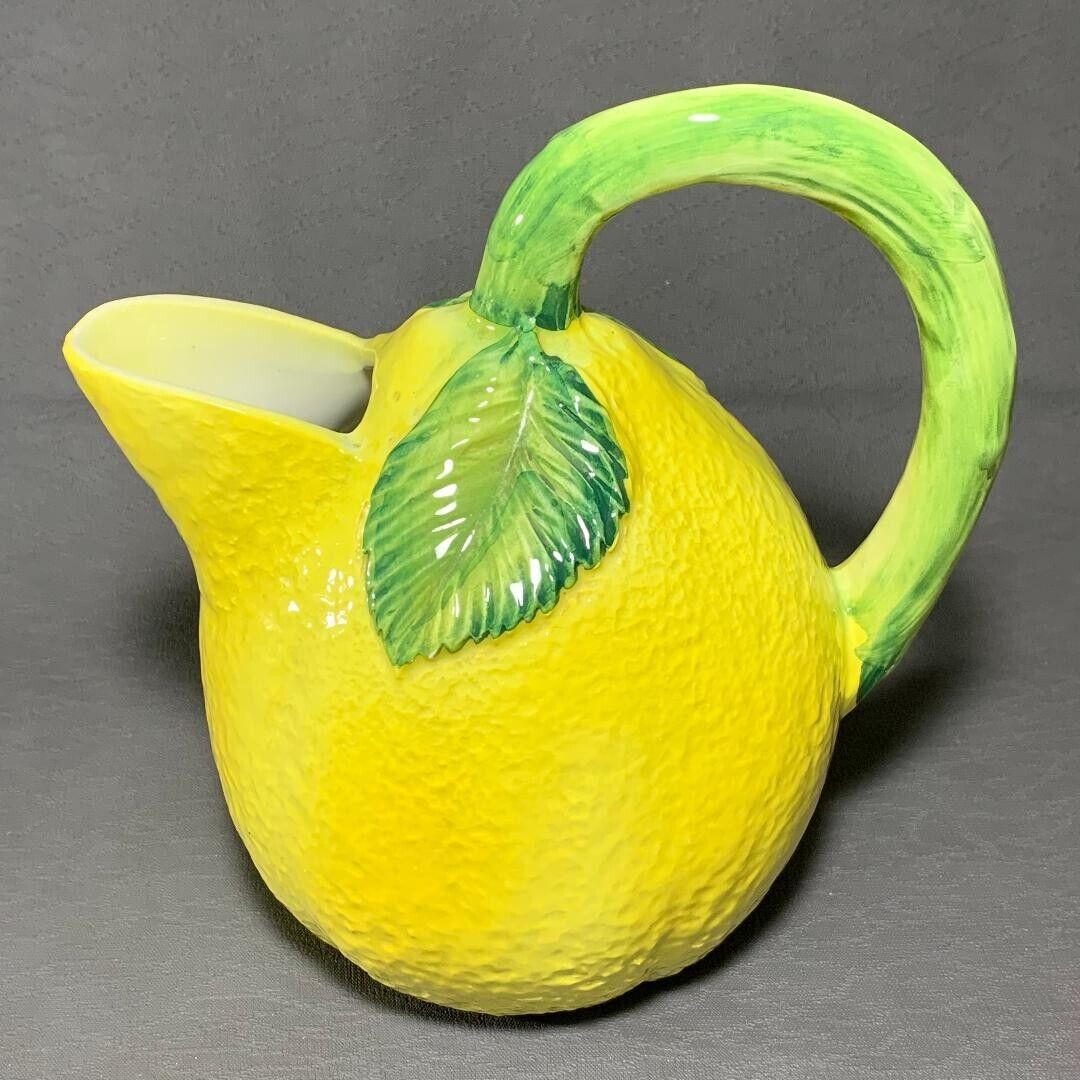 Vintage Lemon Shape Glazed Ceramic Pitcher Hand Painted Stamped Italy 9417