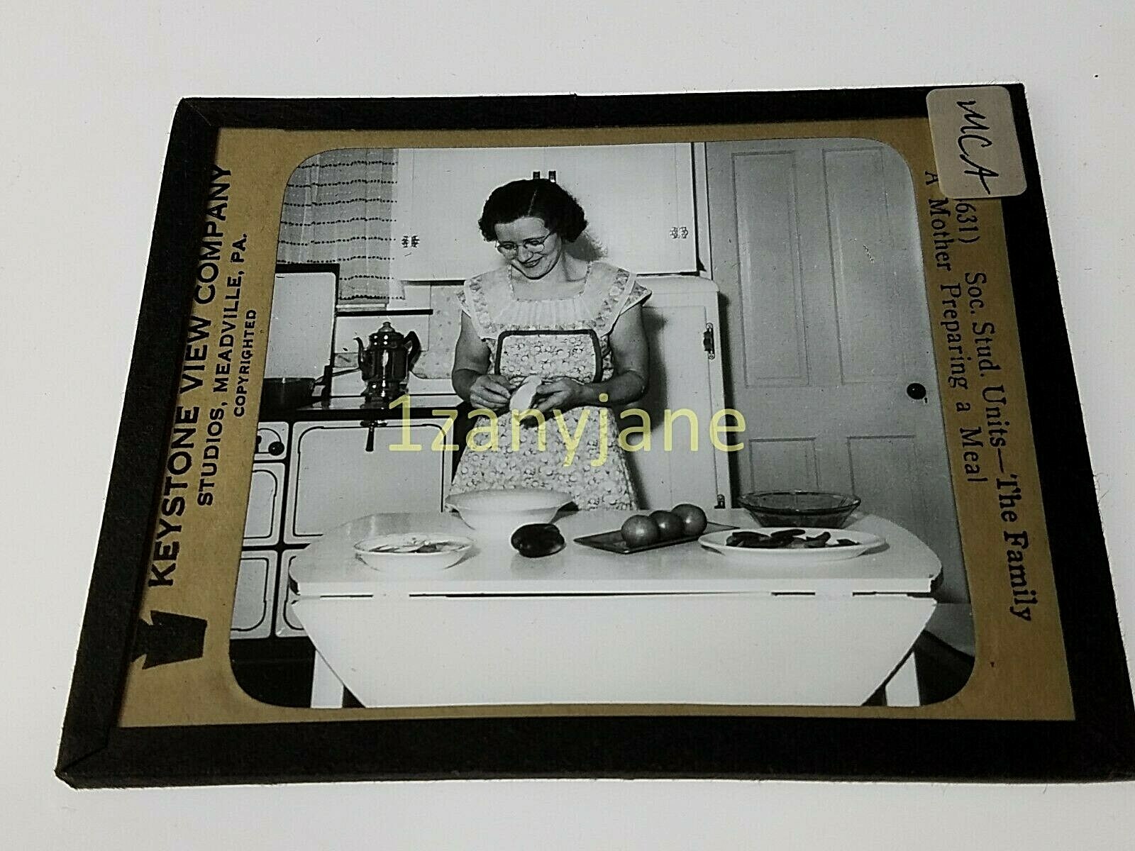 Glass Magic Lantern Slide MCA AMERICANA FAMILY MOTHER MAKING DINNER MEAL