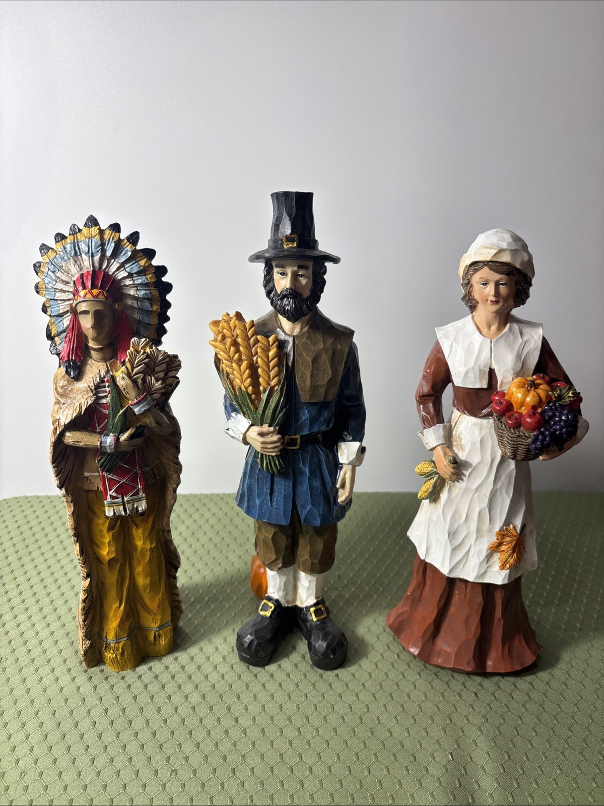 Thanksgiving Pilgrim Figurines Harvest Folk Art Resin Wood Carved. GUC. 12” T. Thanksgiving Pilgrim Figurines Harvest Folk Art Resin Wood Carved. GUC. 12” T.