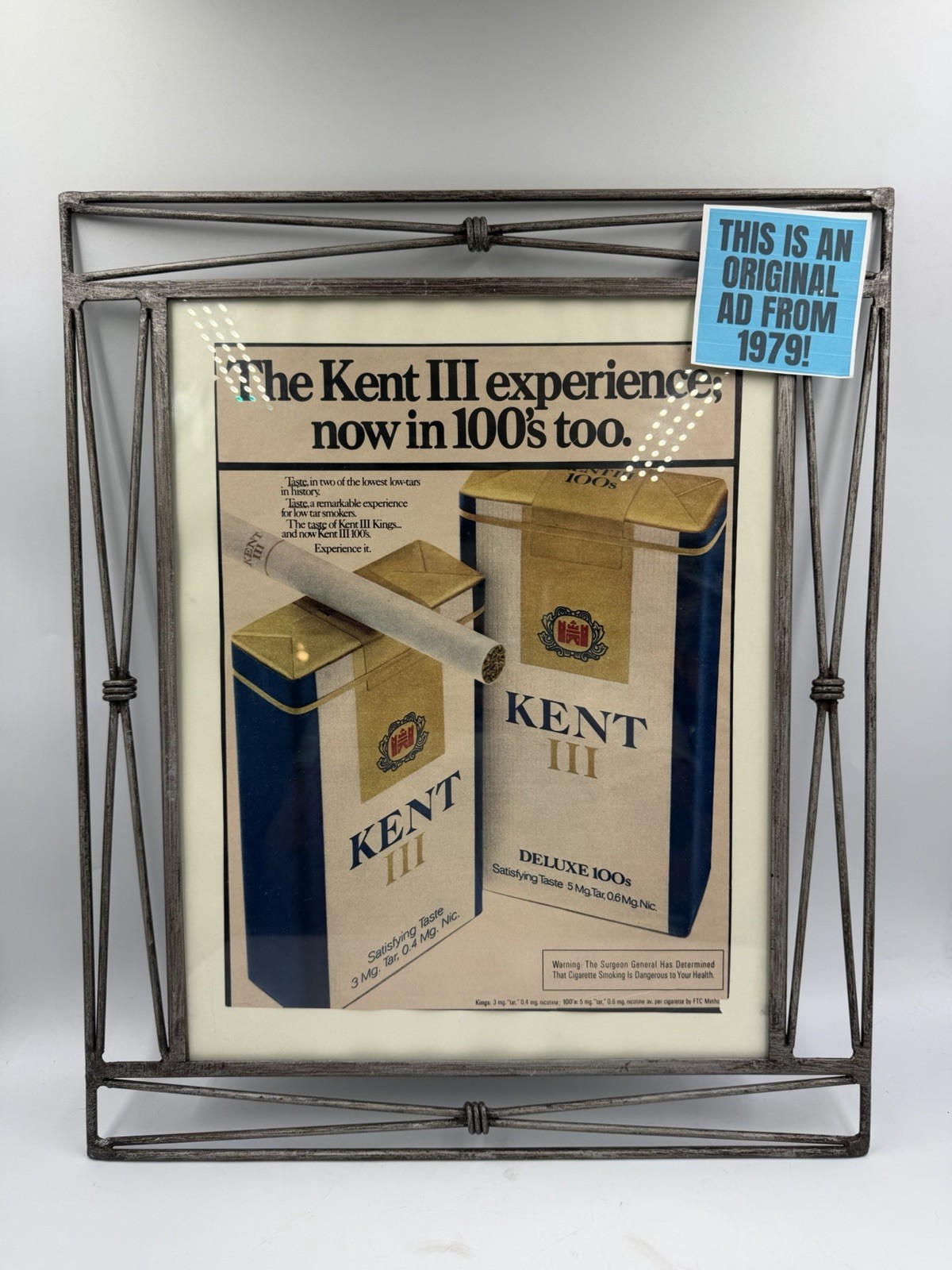 Vintage 1981 KENT III Cigarettes Advertising Sign With Vintage Frame Heavy Vintage 1981 KENT III Cigarettes Advertising Sign With Vintage Frame Heavy