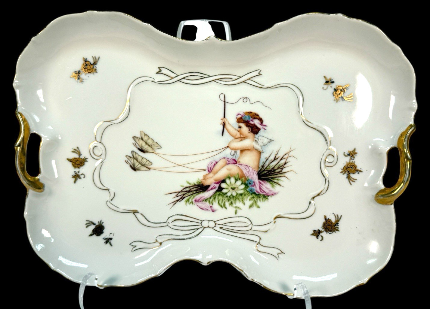 Vtg Lenwile Ardalt Japan Porcelain 6654 Butterfly Tray Cherub Chariot Gold 10.5 Vtg Lenwile Ardalt Japan Porcelain 6654 Butterfly Tray Cherub Chariot Gold 10.5