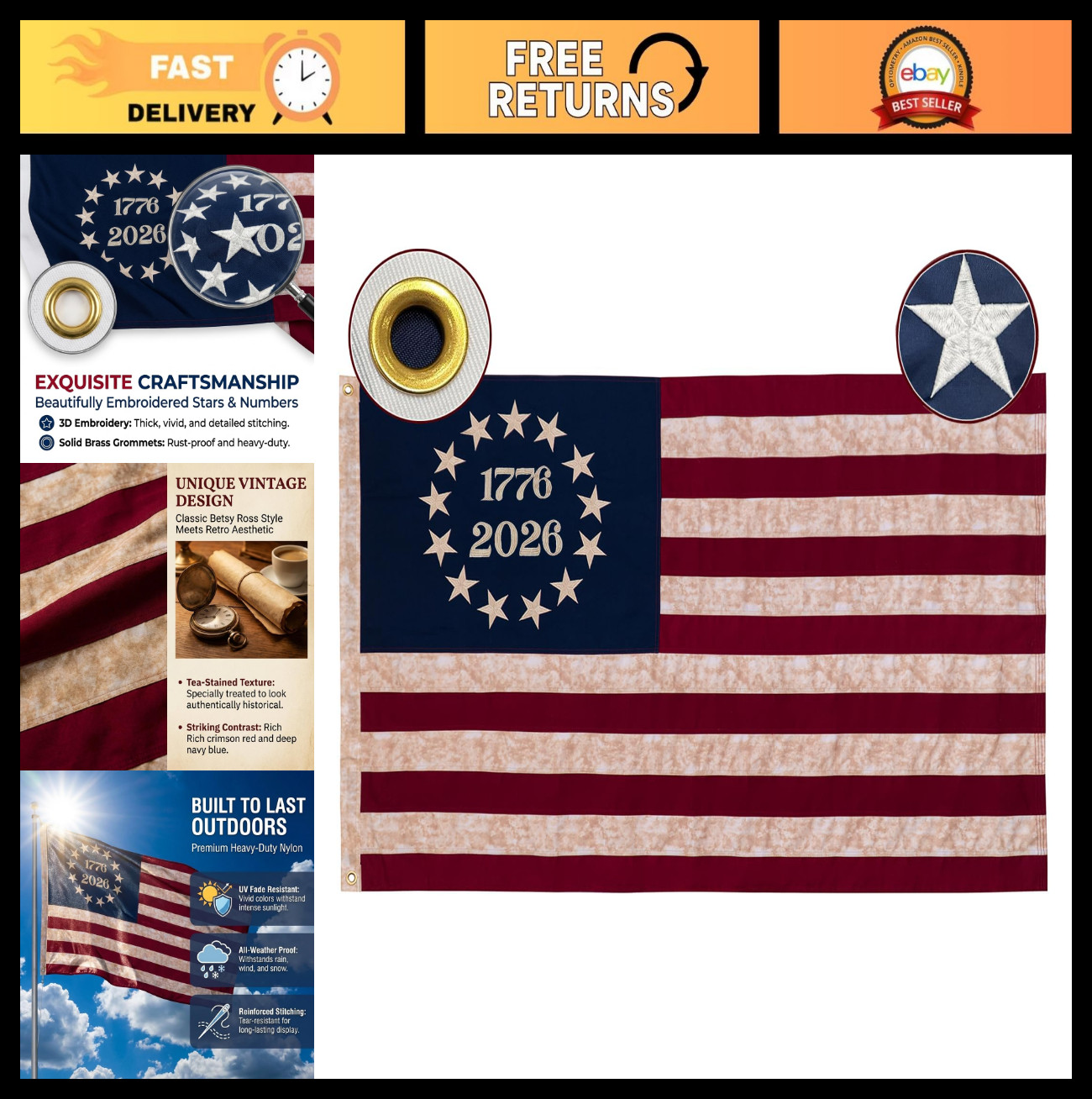 Vintage 250th Anniversary USA Flag 3x5 ft, Heavy Duty Cotton, Embroidered 13 Sta Vintage 250th Anniversary USA Flag 3x5 ft, Heavy Duty Cotton, Embroidered 13 Sta
