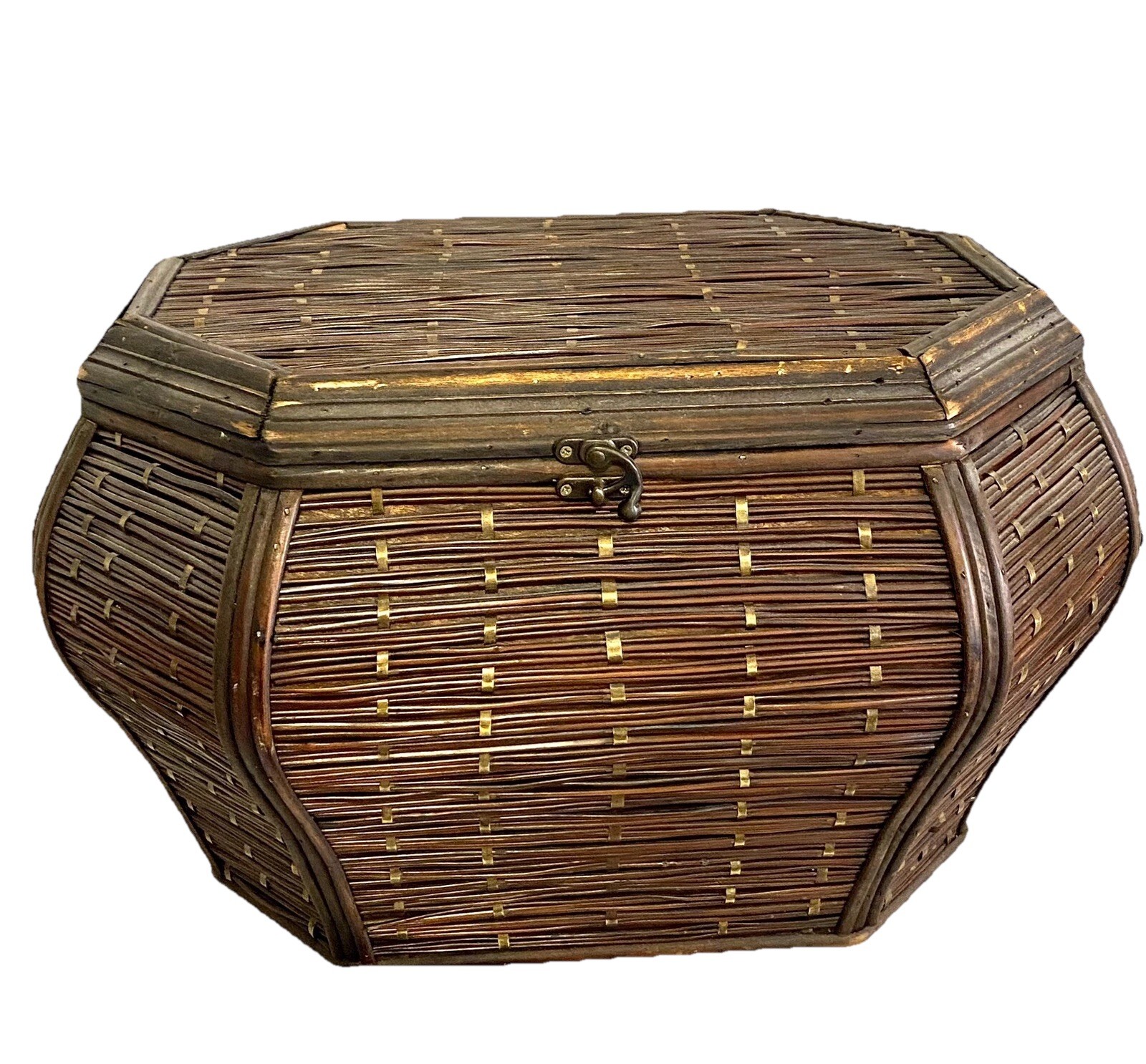 Vtg Hand Woven Reed Lidded Latch Wood Lined Basket About 19x11x13 See Photos