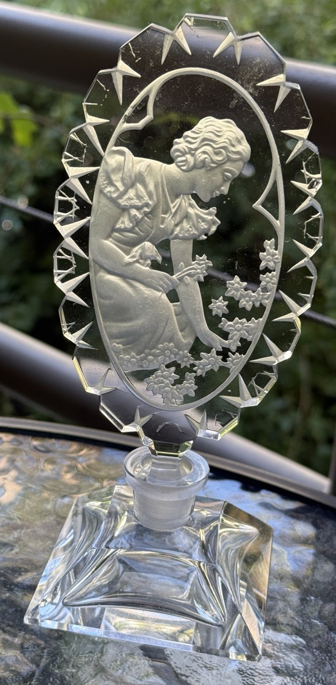 Antique Czech Art Deco Crystal Perfume Bottle Frosted Intaglio Cameo Lady