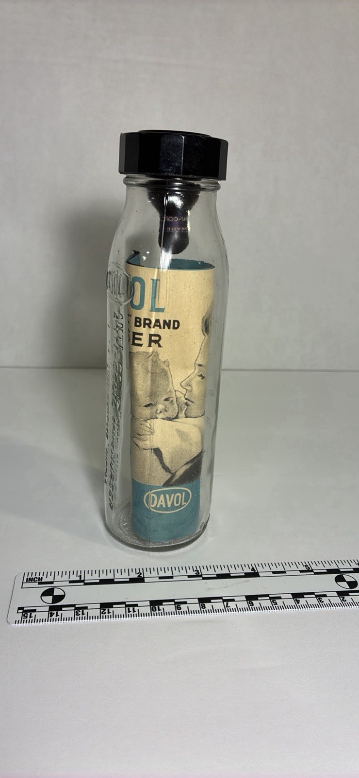 Vintage 1947 Davol Anti Colic Brand Nurser Glass Baby Bottle Blue Pyro W/ Insert