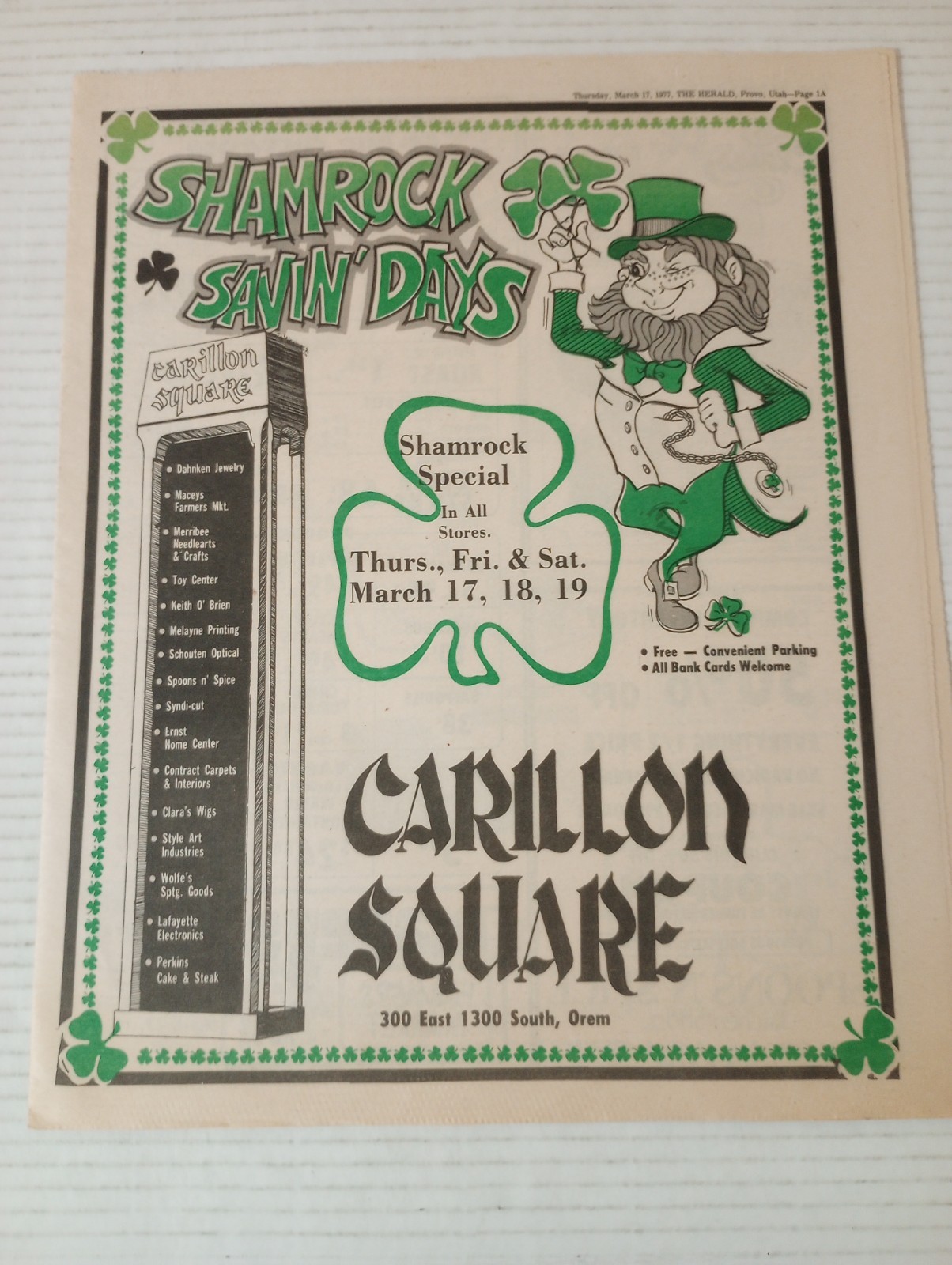Carillon Square Shamrock Savin' Days Orem Utah Herald News Ad March 17 1977 Carillon Square Shamrock Savin' Days Orem Utah Herald News Ad March 17 1977