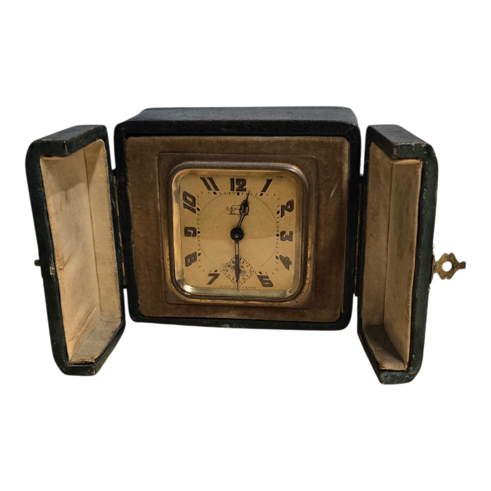 French 1920s Duverdrey & Bloquel wind up Travel Clock leather Folding case