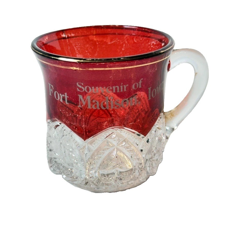 FORT MADISON IA IOWA Ruby Red Flash Souvenir Glass Antique Trinket CUP Mug