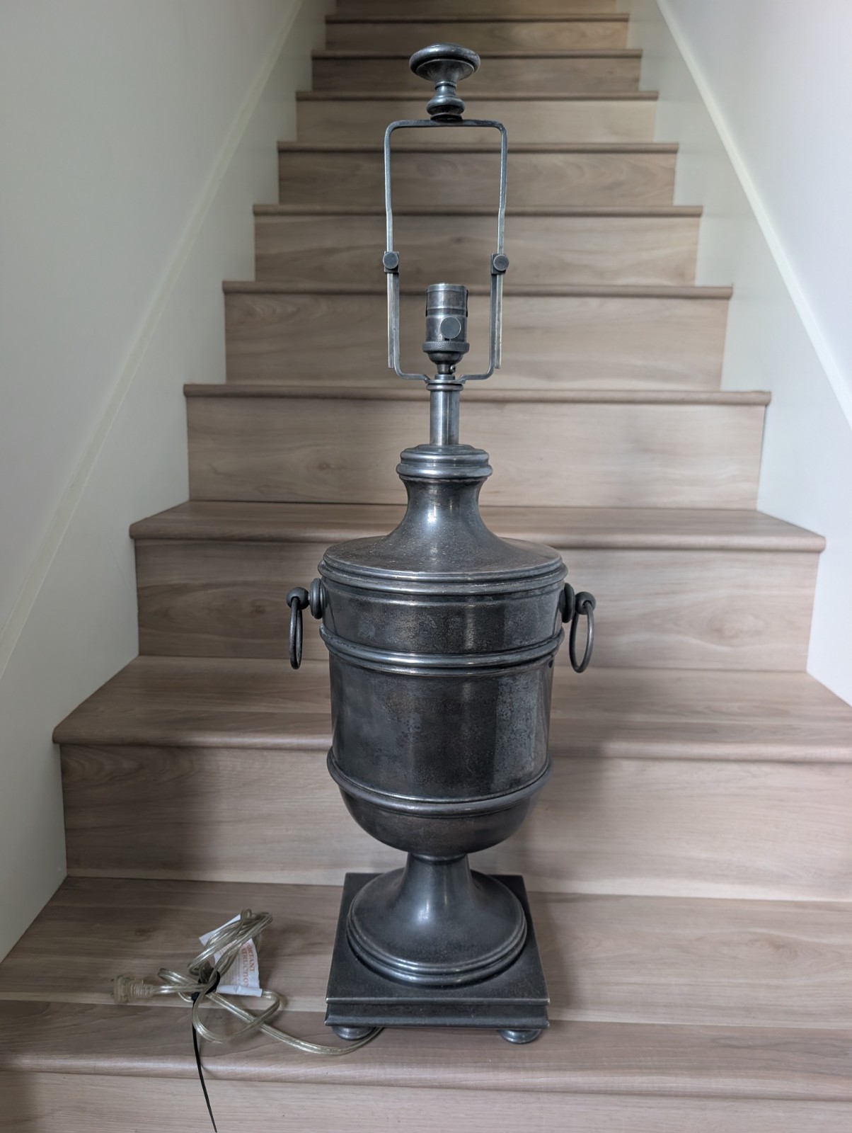 Ralph Lauren Pewter Urn Table Lamp Aged Metal Ring Handles Adjustable Harp