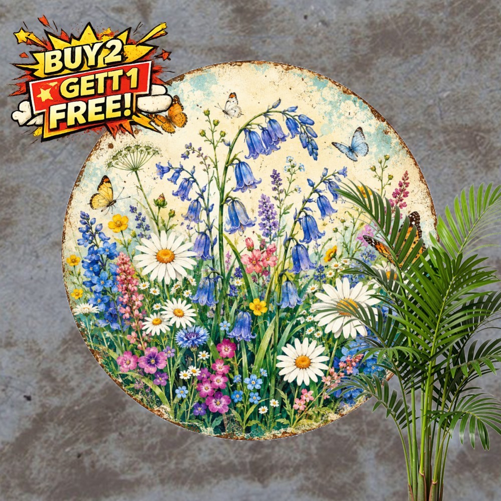 Wildflower Daisy Bluebells Tin Sign Spring Butterfly Floral Round Metal Plaque