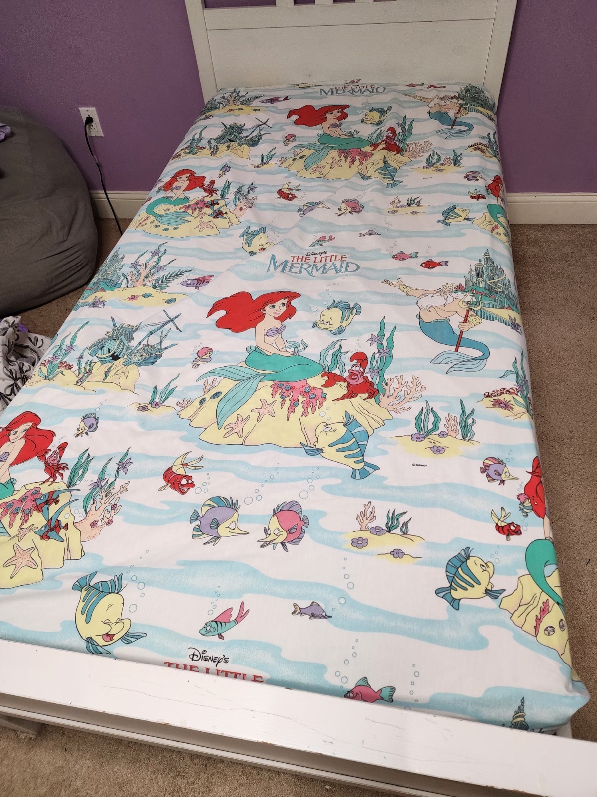 vintage 1990s Disney The Little Mermaid bedding Flat Fitted Sheet Pillowcase