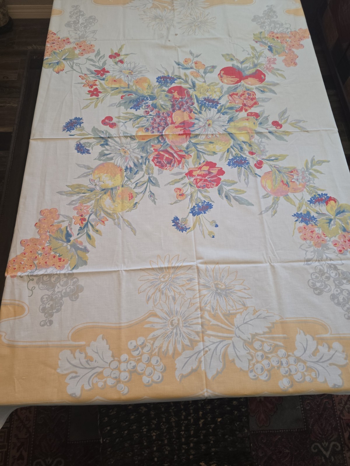 Vintage 1940s Queen Anne Shawmut Tablecloth Nashua Woven Cotton Floral Fruit 67x