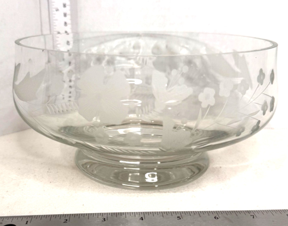 Vintage Etched Clear Glass Footed  Bowl EC SEE PHOTOS 