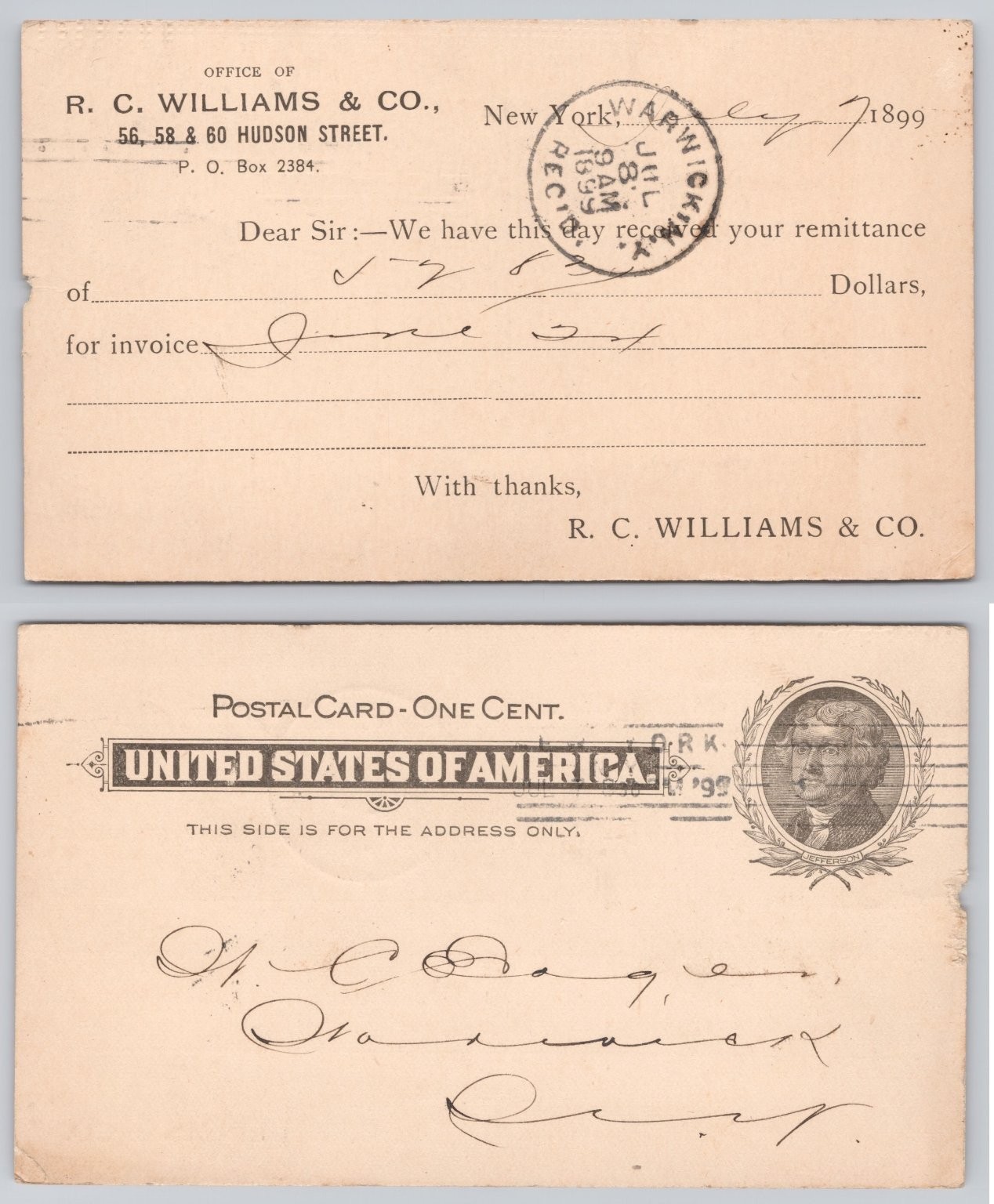 1899 Warwick NY Postmark R. C. Williams & Co. NYC Postal Card Jefferson Stamp
