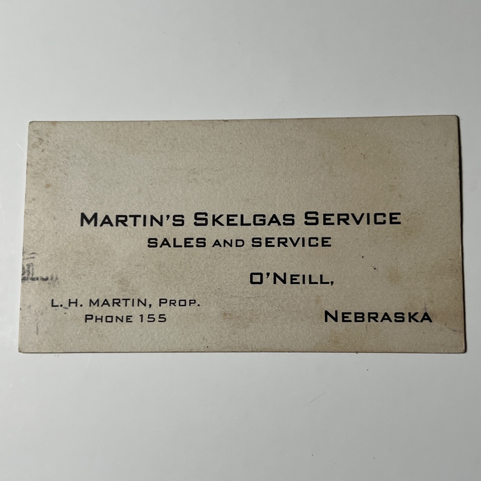 VtG O’NEILL NEBRASKA 1940s MARTIN’S Skelgas SERVICE Business Card