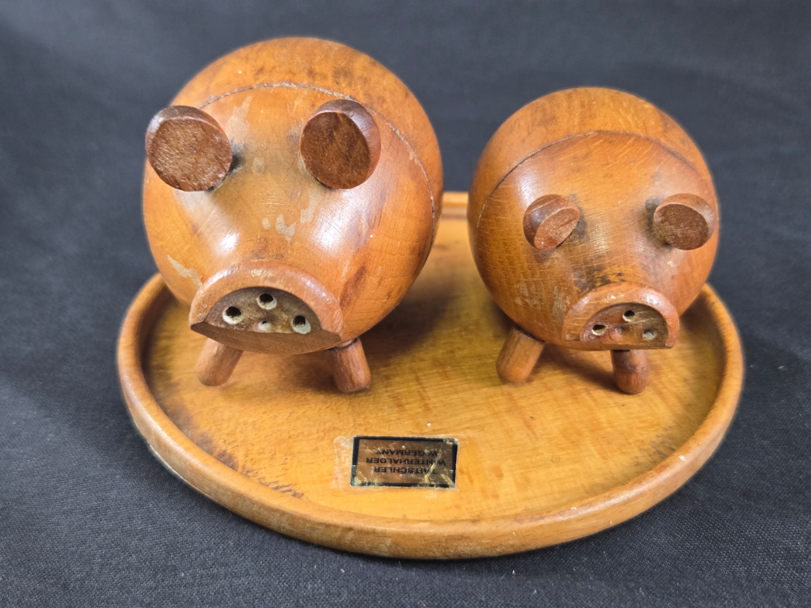 Vintage West Germany Wooden Pig Salt Pepper Shakers w/ Tray Tritschler Winterhal