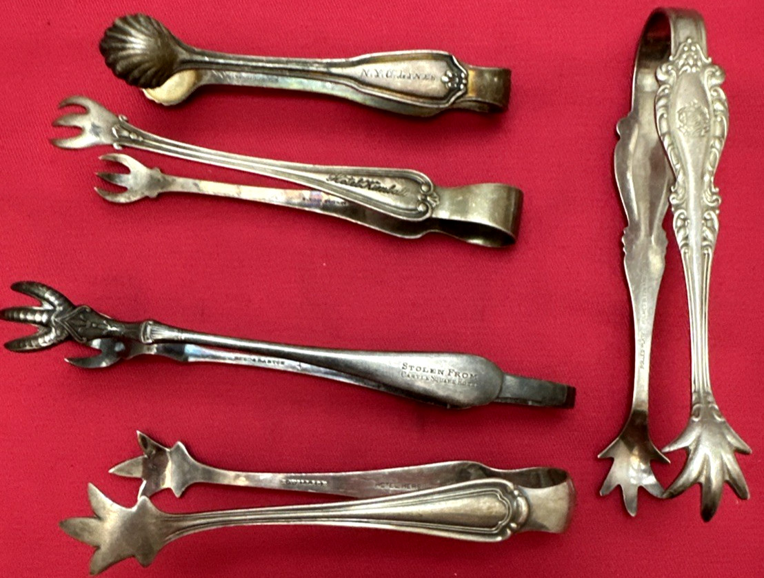 5 Pc Silverplated HOTEL & SHIP TONGS NYC Lines Hotel Kimball Hershey Garden City