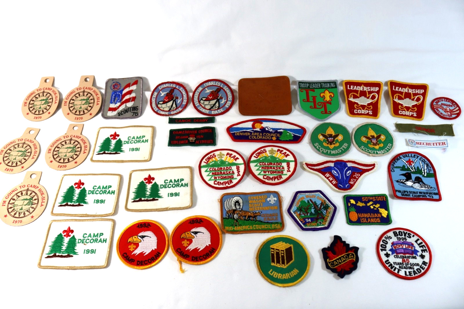 36 Vintage Boy Scouts BSA Patches 1970-1995 Scout Master Blue Ox WWW Canoe Derby