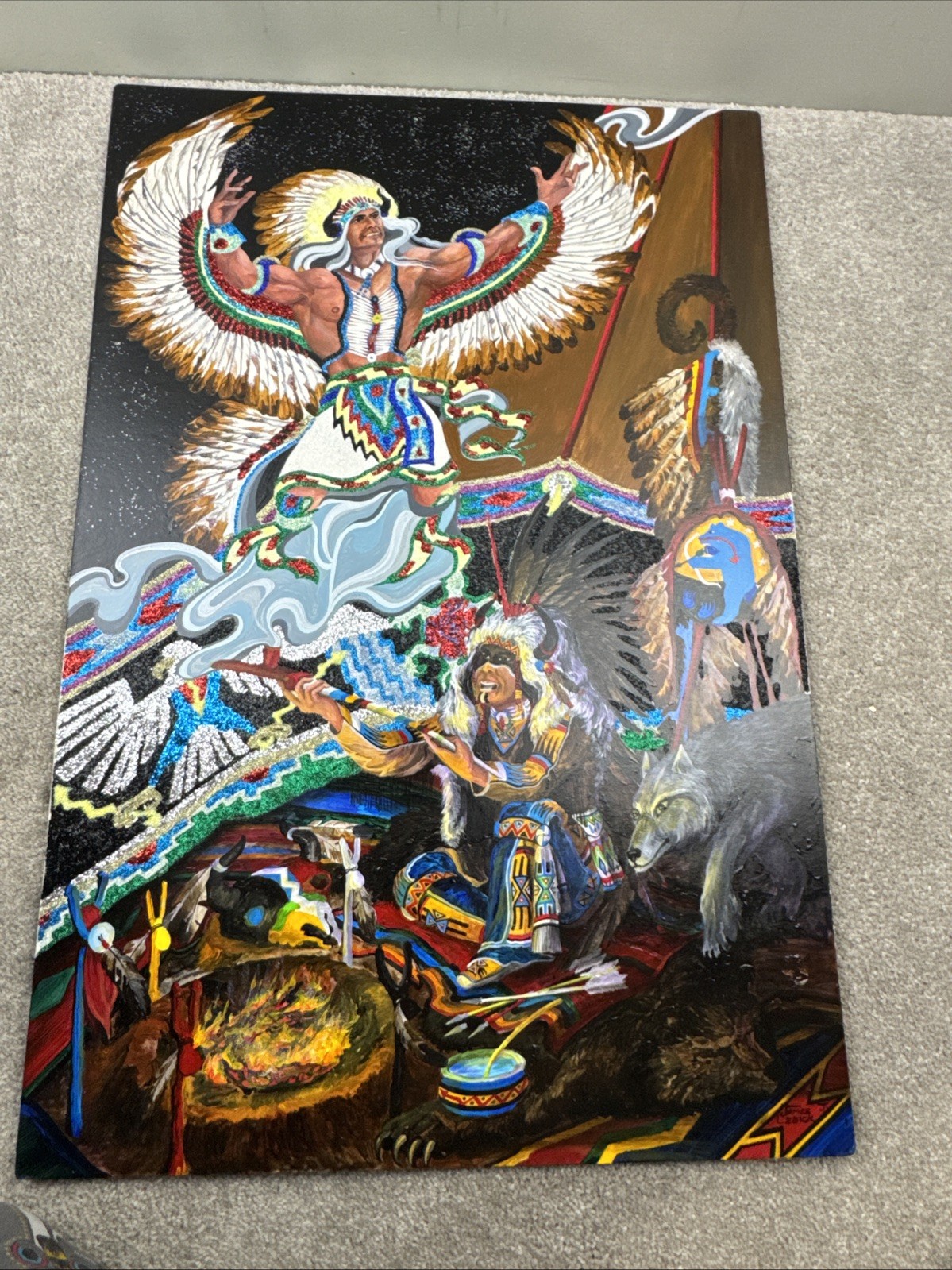 James J Lebick Oil Painting Visionary Native American Spirit Ceremony 20” x 30”