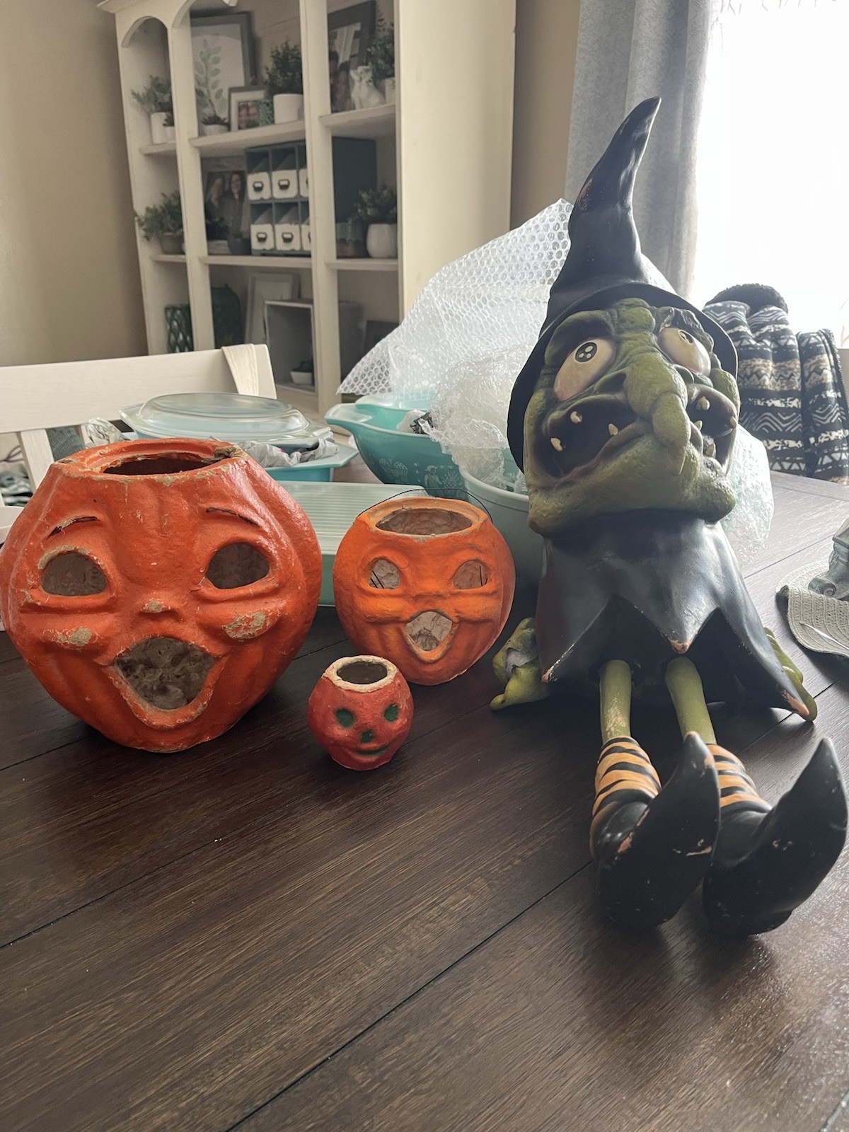 Antique Halloween Paper Mache Pumpkin Lanterns Lot of 3, Plus Witch Figure Antique Halloween Paper Mache Pumpkin Lanterns Lot of 3, Plus Witch Figure
