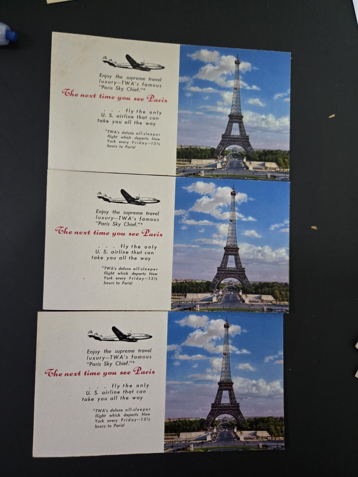 VINTAGE 1940\'S TWA PARIS SKY  CHIEF ADVERTISING POSTCARDS