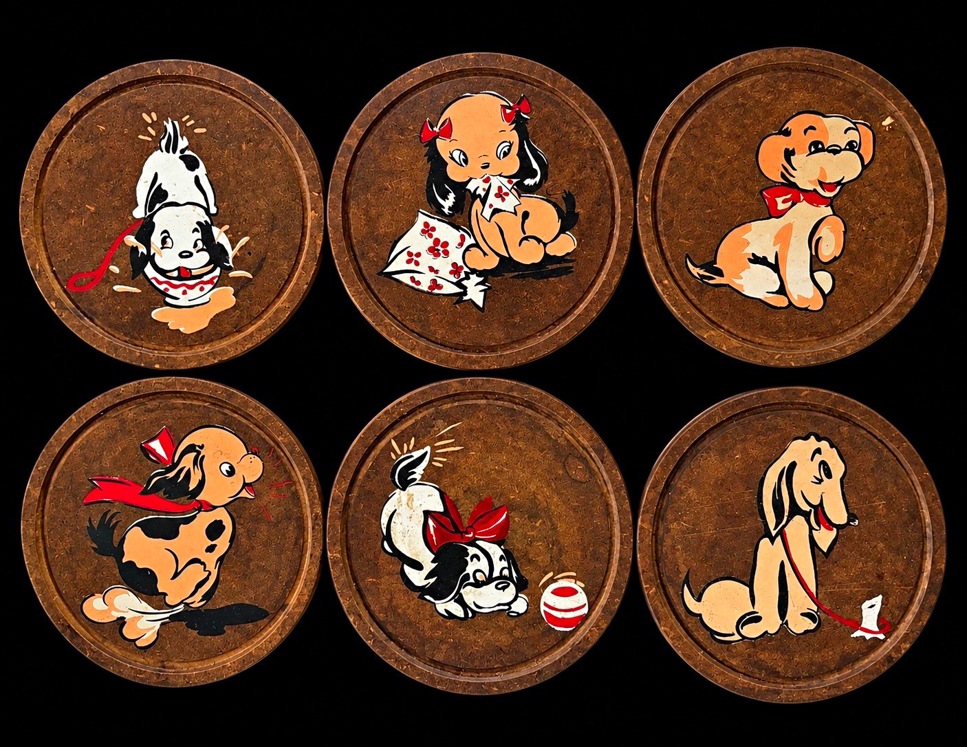 Vintage Set of 6 Puppy Dog Coasters Round Retro Mid Century Kitsch Barware Vintage Set of 6 Puppy Dog Coasters Round Retro Mid Century Kitsch Barware