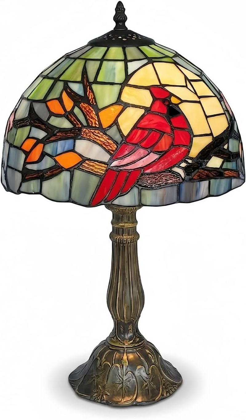 Vintage Tiffany Style Cardinal Bird Stained Glass Table Lamp 3 Color LED Light