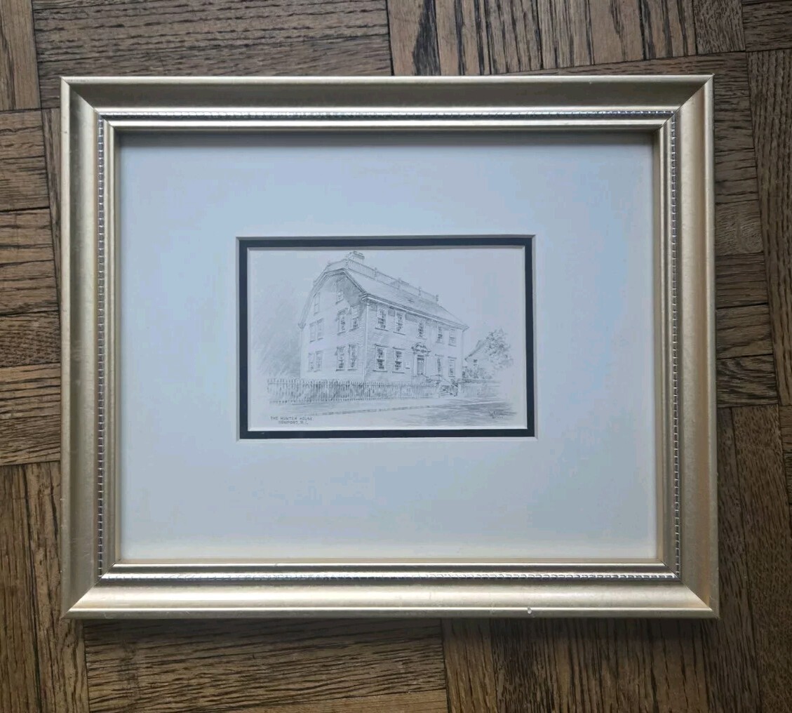 Vintage Jas F Murray Sketch The Hunter House Newport, RI Framed Postcard