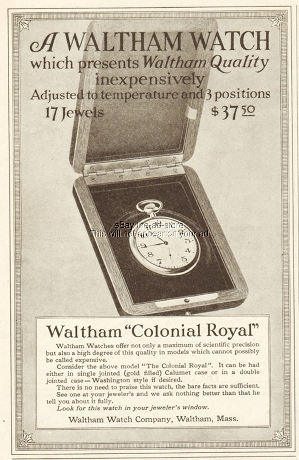 1914 Waltham Watch Company Massachusetts Colonial Royal Pocket Watch Print Ad