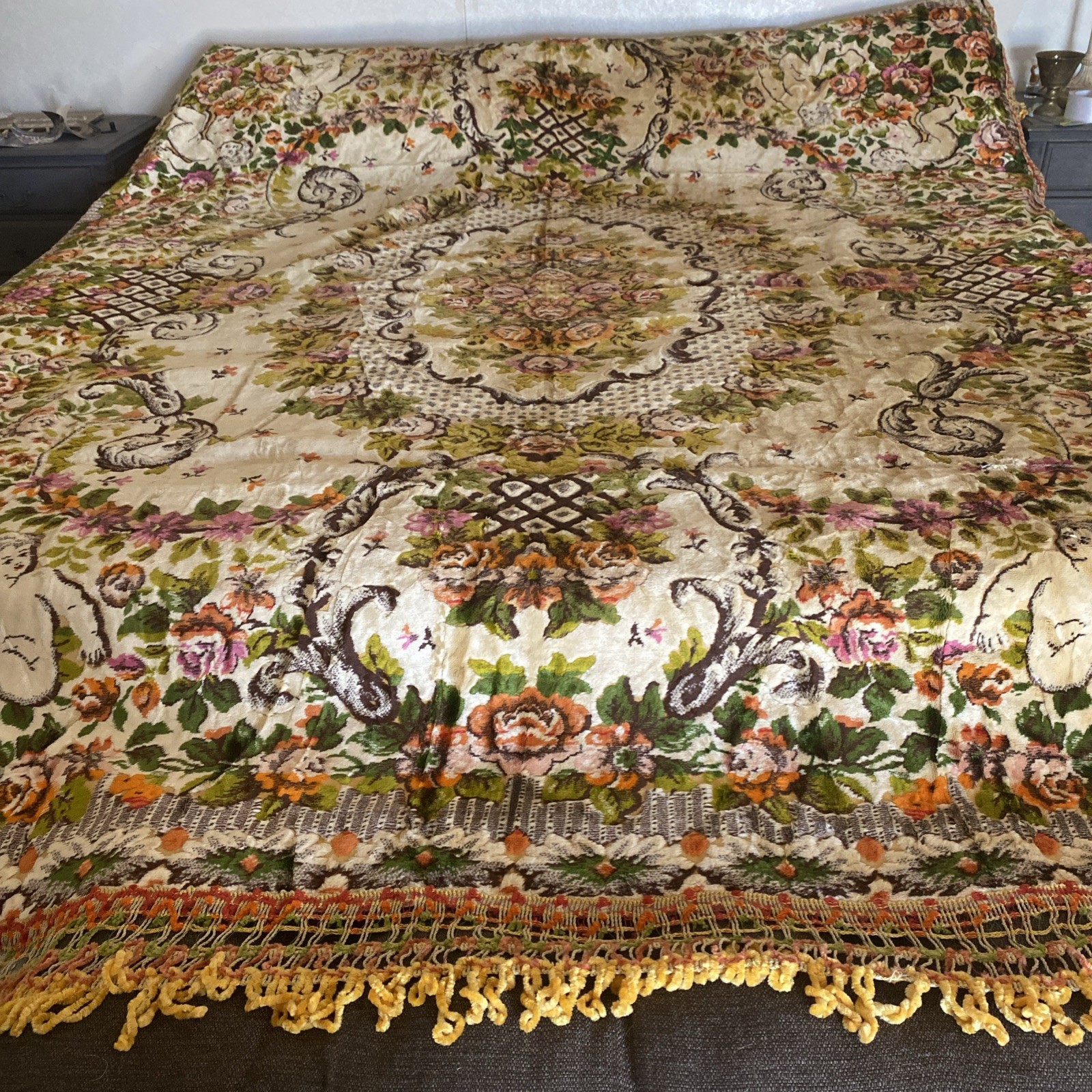 Vintage 1940's-50’s Italian Cherubs & Roses Velvet Huge King Bedspread Tapestry Vintage 1940's-50’s Italian Cherubs & Roses Velvet Huge King Bedspread Tapestry