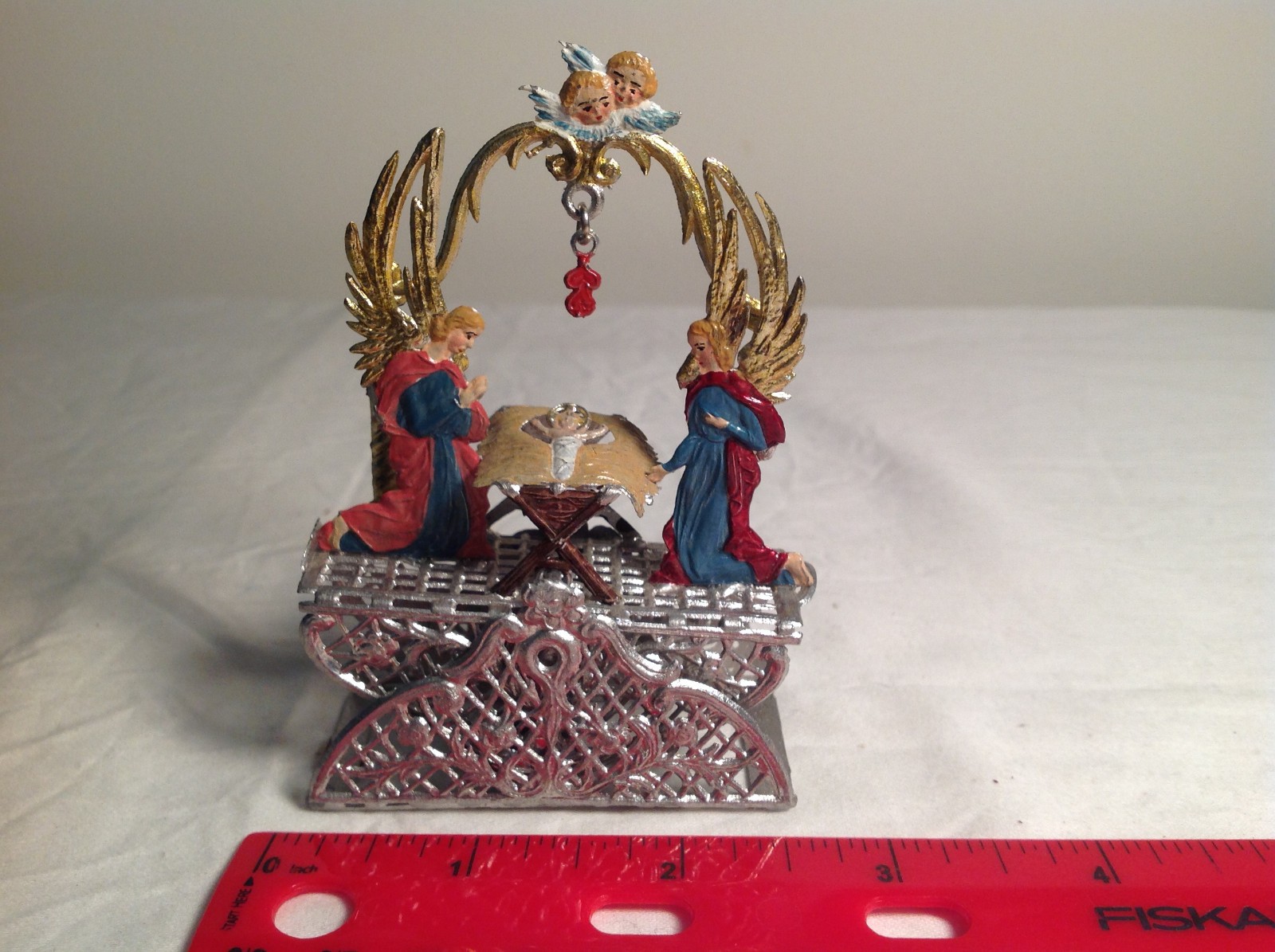 Antique Christmas German Soft Metal Rocking Angels Nativity Baby Jesus