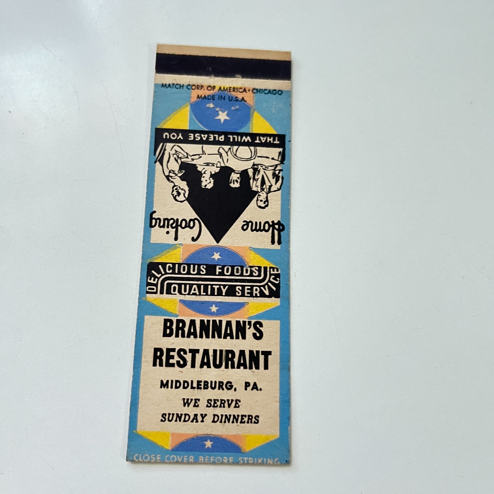 Brannan\'s Restaurant Home Cooking Middleburg PA Vintage Matchbook Cover 4MB102-5